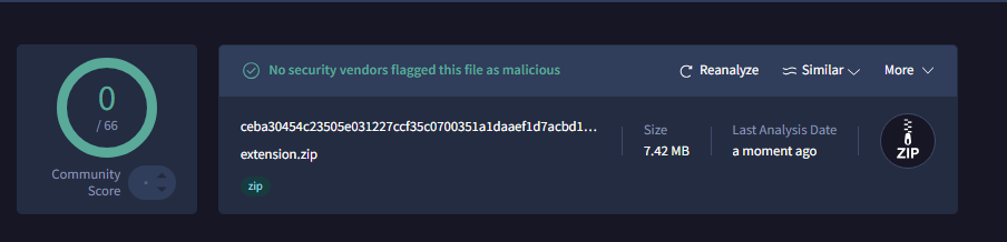 VirusTotal scan showing 0/66 detections